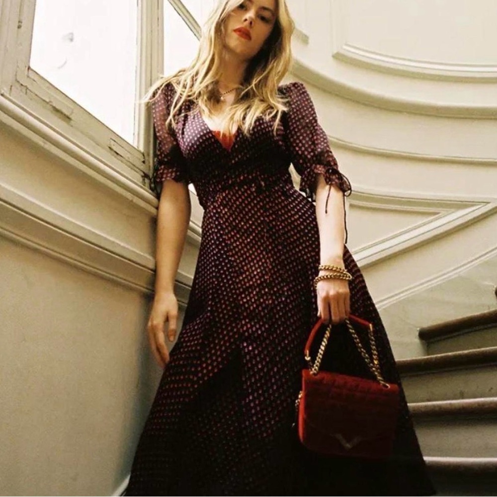 The Kooples Black Sheer Burgundy Polka Dot Wrap Midi Dress with Red Accents